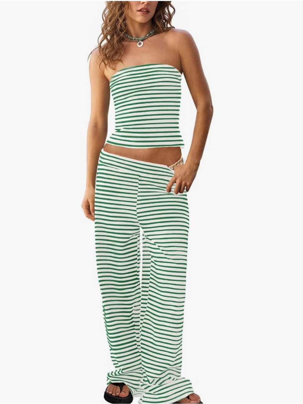 Tankaneo Womens Striped 2 Piece Set Summer Tube Tops Pants Matching Set